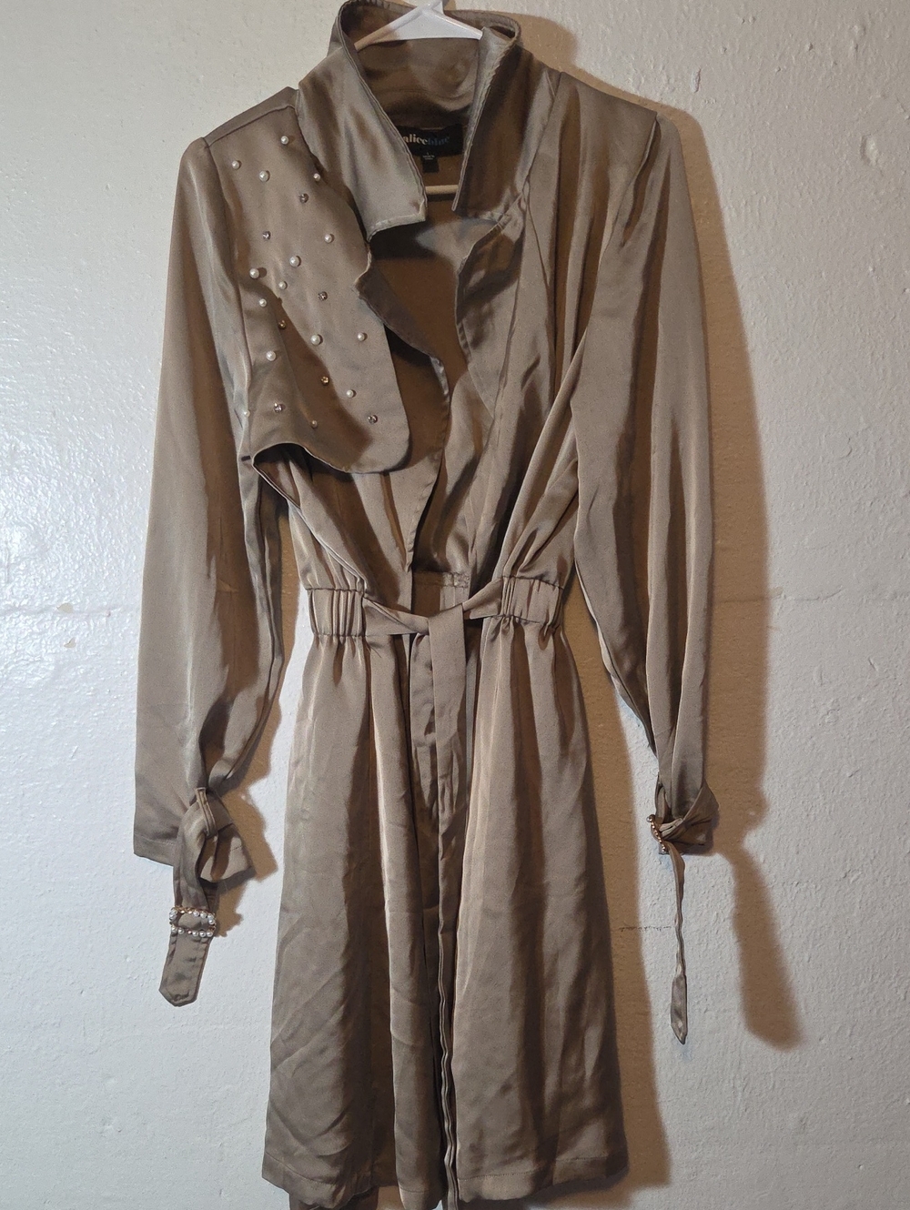 Alice Blue Taupe Trench Coat with Stud Embellished Shoulder Womens Large Silky